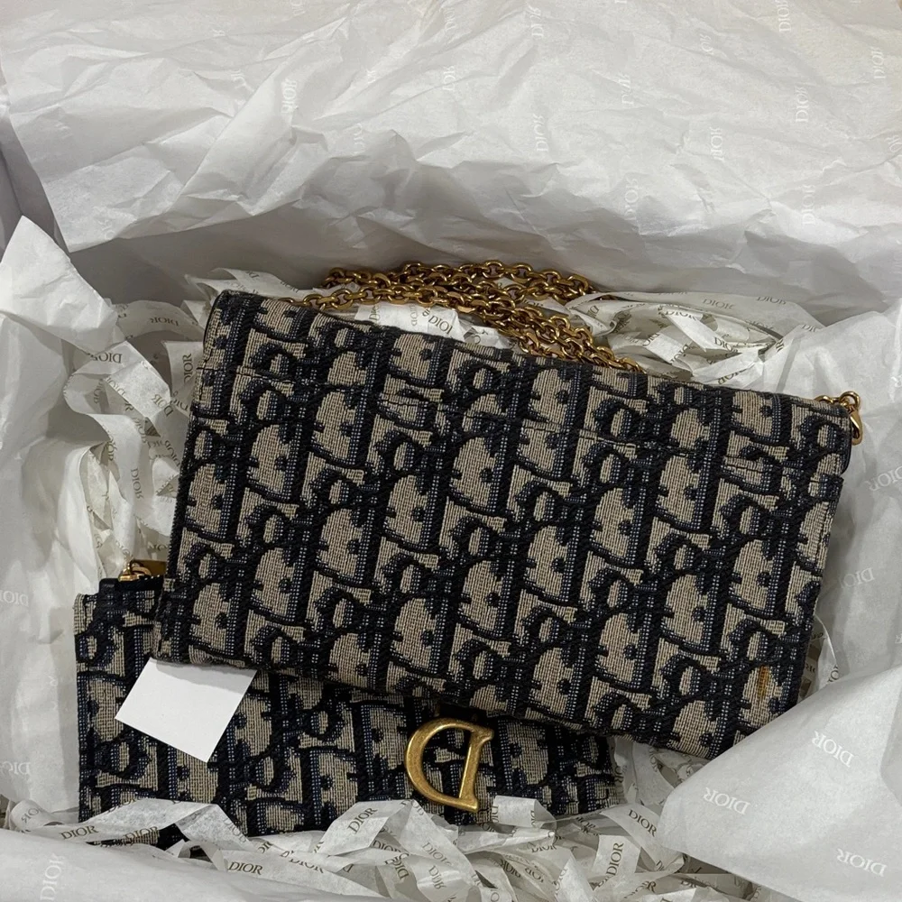 Dior Beige & Black Monogram Saddle Chain Bag with Gold Hardware - Picture 5 of 6